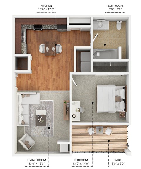 Floor plan for 1 bed, 1 bath, 767 sqft